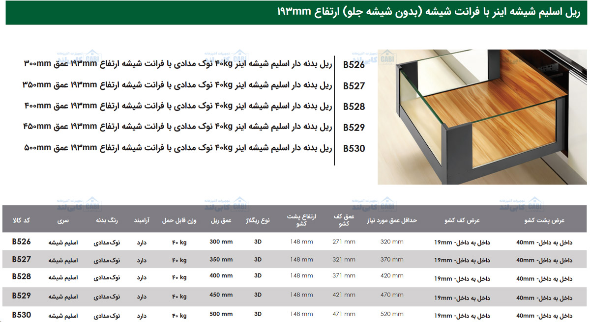 ریل بدنه دار اسلیم شیشه اینر 40kg نوک مدادی با فرانت شیشه ارتفاع 193mm فانتونی B526 تا B530