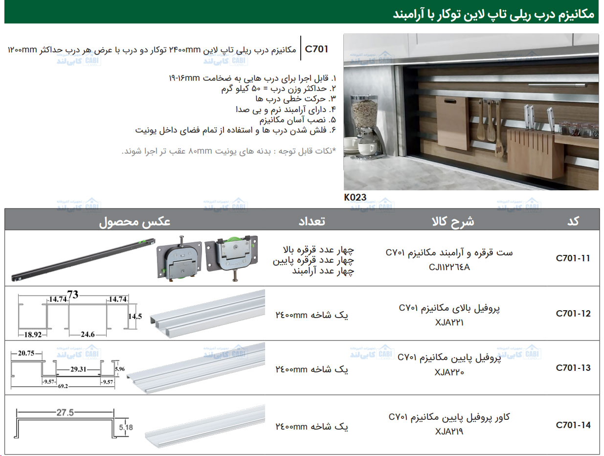 مکانیزم درب ریلی تاپ لاین 2400mm توکار دو درب با عرض هر درب حداکثر 1200mm فانتونی C701