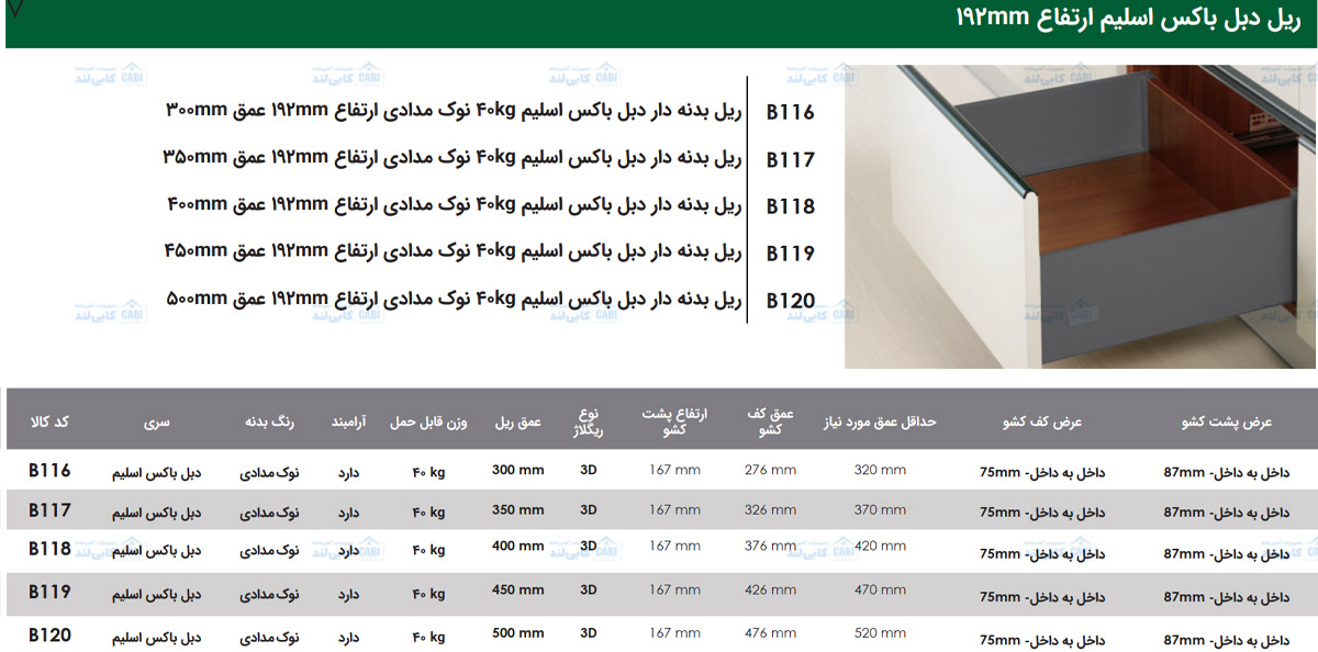 ریل بدنه دار دبل باکس اسلیم 40kg نوک مدادی ارتفاع 192mm فانتونی B116 تا B120