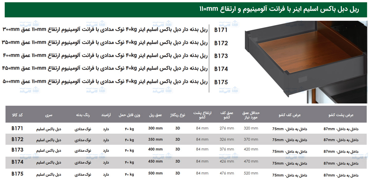 ریل بدنه دار دبل باکس اسلیم اینر 40kg نوک مدادی با فرانت آلومینیوم ارتفاع 110mm فانتونی B171 تا B175