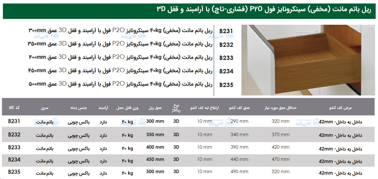 ریل باتم مانت (مخفی) 40kg سینکرونایز P2O فول با آرامبند و قفل 3D فانتونی B231 تا B235