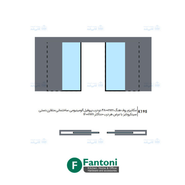 مکانیزم روف هنگ 4800mm دو درب پروفیل آلومینیومی ساختمانی متقارن دستی سینکرونایز با عرض هر درب حداکثر 1200mm فانتونی K195